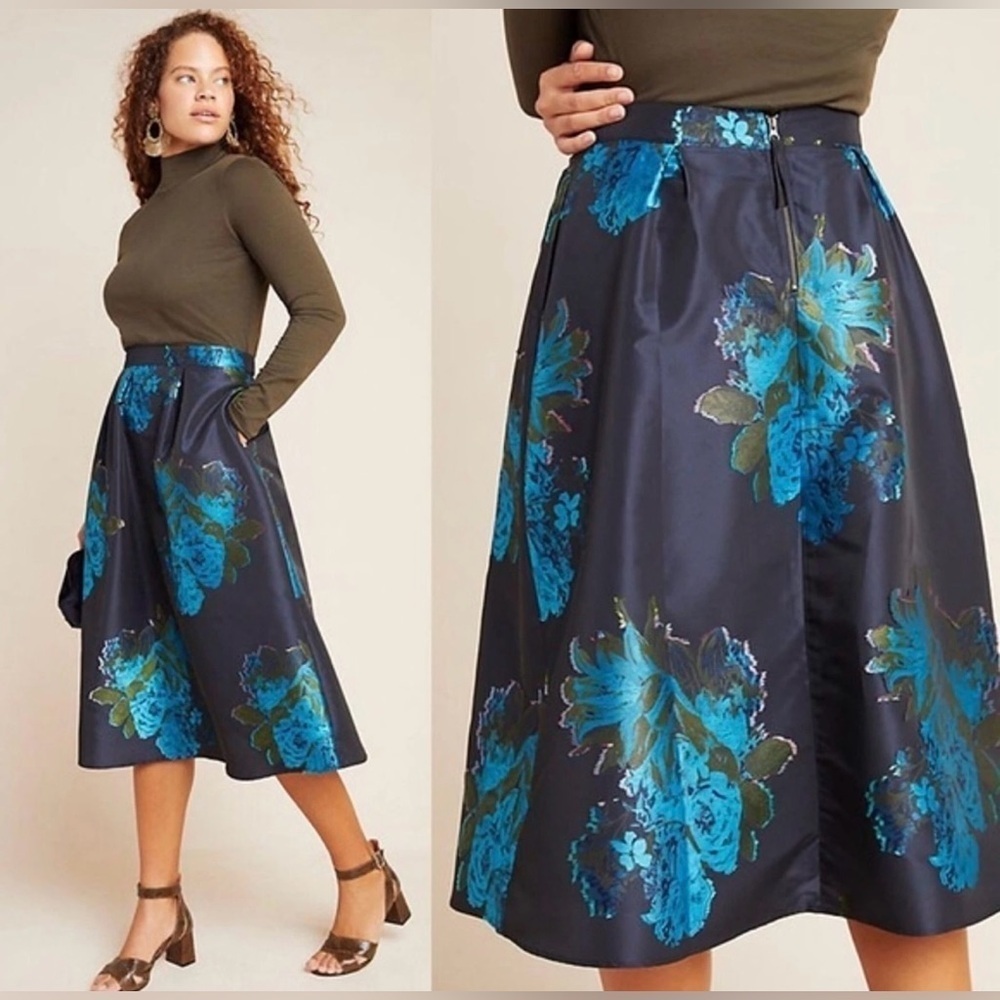 ANTHROPOLOGIE Maeve Ronette Jacquard Midi Skirt 00P Blue NEW